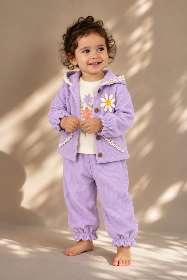 Baby Girl Set Daisy Detailed Hooded 3-Piece Jacket Bottom Top Set Girls' Set