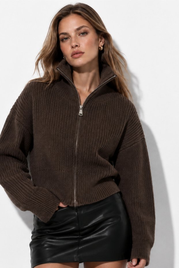 Women's Crop Length Zipper Collar Cardigan Ribbed Textured Casual Knitwear Cardigan