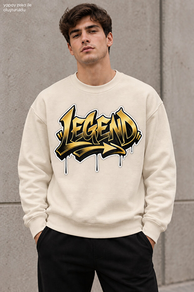 Men's Yellow Black Graffiti Lettering Legend Printed Crew Neck Casual Regular Fit Sweatshirt