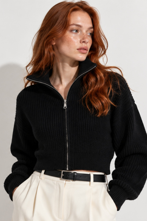 Women's Crop Length Zipper Collar Cardigan Ribbed Textured Casual Knitwear Cardigan