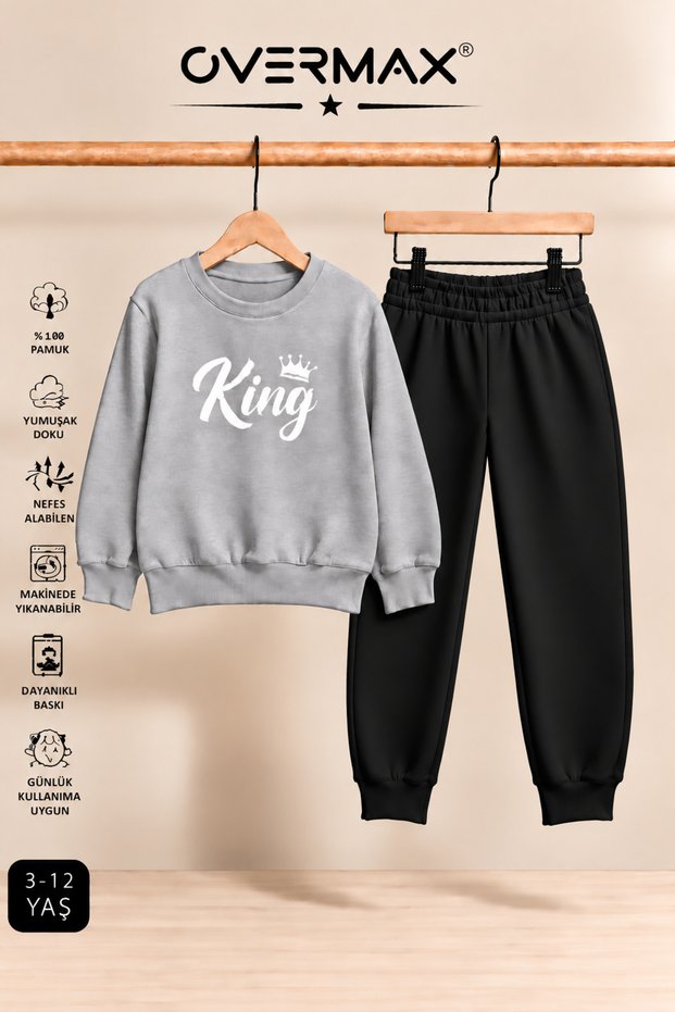 King Printed Kids' Tracksuit Set – Hoodless Sweatshirt & Sweatpants