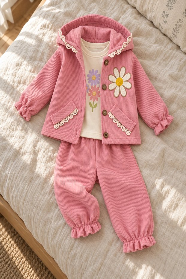 Baby Girl Set Daisy Detailed Hooded 3-Piece Jacket Bottom Top Set Girls' Set