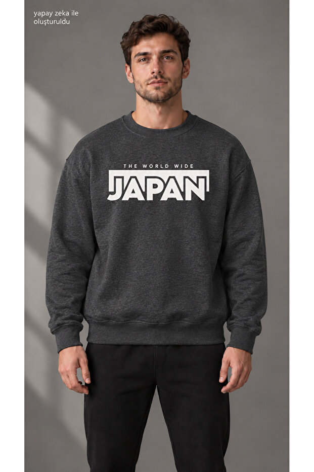 Men's Black Japan Text and Frame Printed Crew Neck Casual Regular Fit Sweatshirt