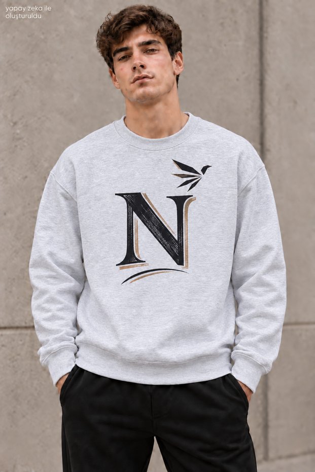 Men's Black Golden Yellow N Letter Typography Printed Crew Neck Casual Regular Fit Sweatshirt