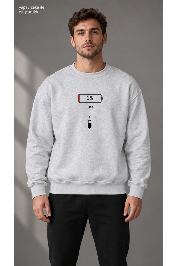Men's Low Battery Icon and 1% Life Text Printed Crew Neck Casual Regular Fit Sweatshirt