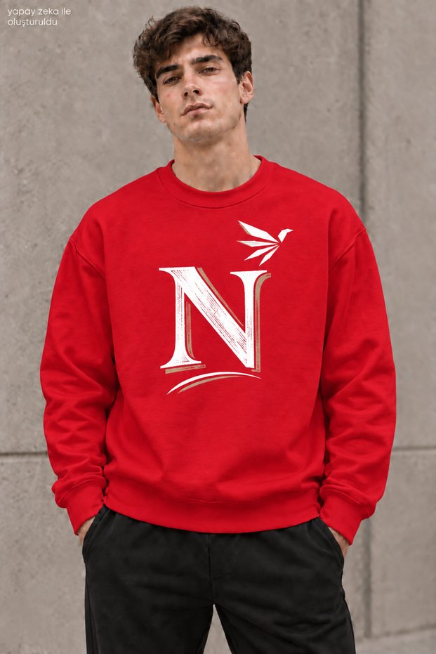 Men's Black Golden Yellow N Letter Typography Printed Crew Neck Casual Regular Fit Sweatshirt