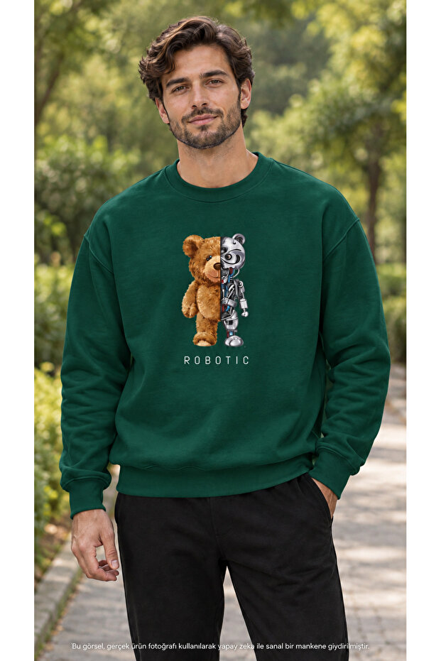 Men's Semi-Plush Semi-Robot Bear Printed Crew Neck Casual Regular Fit Sweatshirt