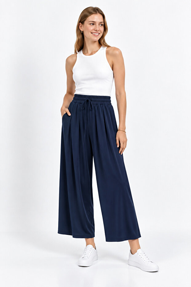 Loreen Women's Elastic Waist Lace-Up Wide Leg Pants Dark Blue 20664