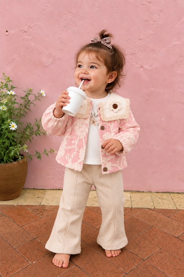 Baby Girl Set Floral Embroidered Lace Collar 3-Piece Jacket Bottom Top Set Girls' Set 6 9 12 18 24 Months Premium Set