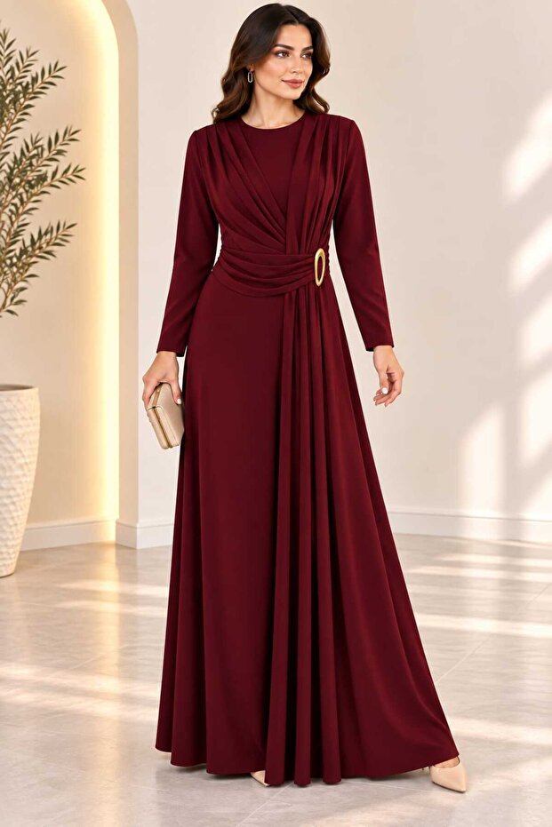 Double-Breasted, Crew-Neck, Draped Shoulders, Buckle Accessory Detailed Dress