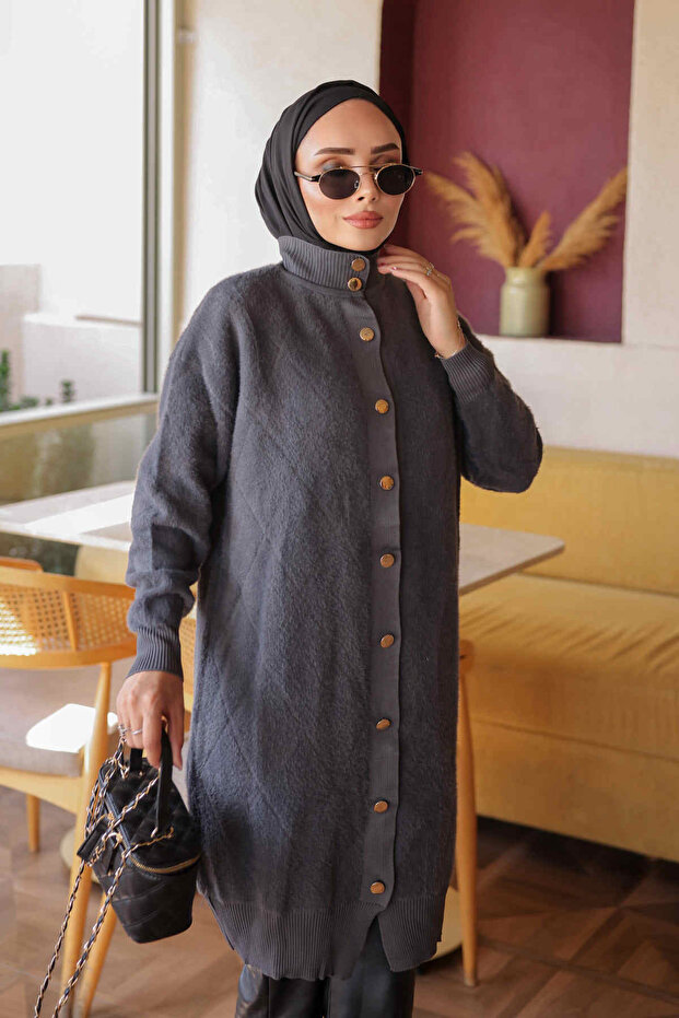 Smoked Buttoned Angora Soft Knitwear Cardigan