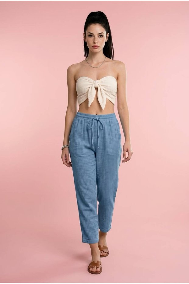 Women's 100% Cotton Elastic Waist Carrot Cut Muslin Trousers