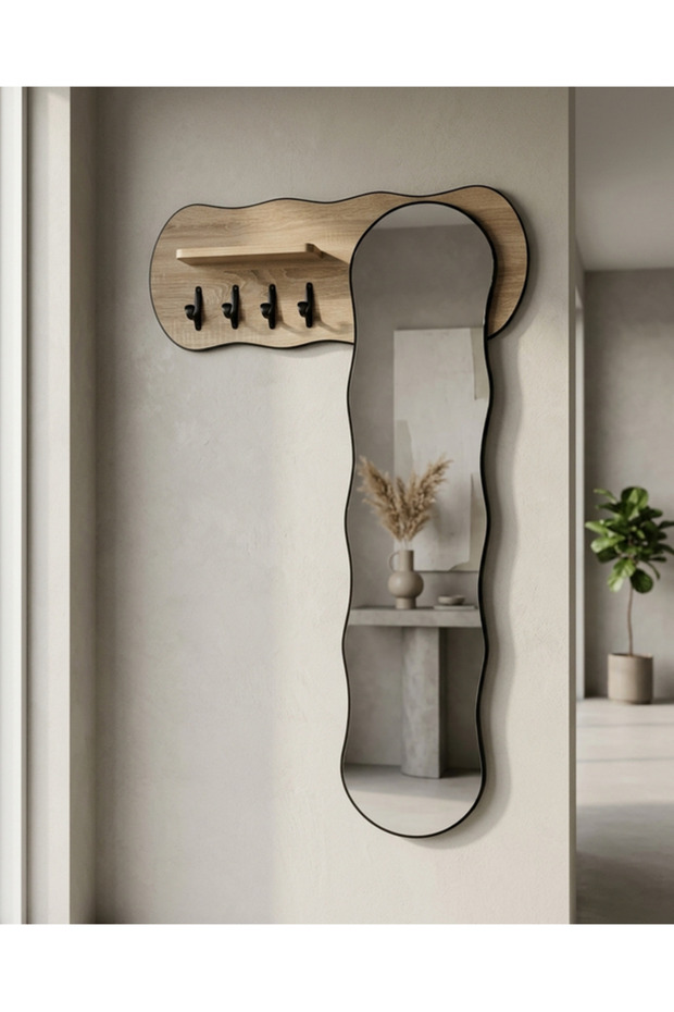 Modern Wall Mirror with Wooden Frame and Shelf