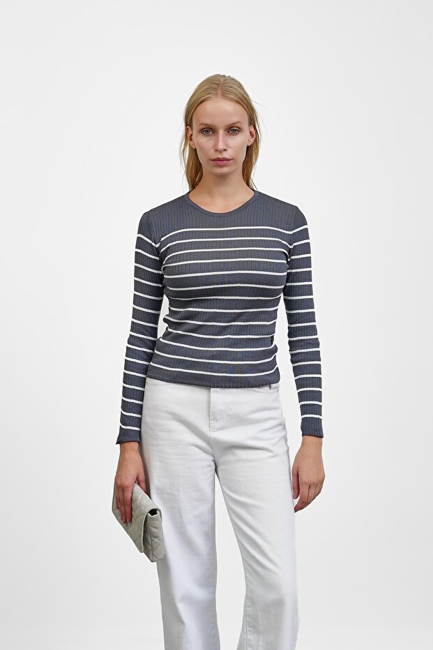 Smoked Ribbed Simit Collar Striped Knitwear Body Sweater