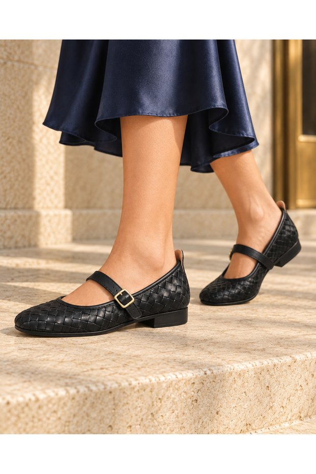 Knitted Patterned Straw-Look Buckle Strap Blunt Toe Mary Jane Ballerina Ballet Casual Comfortable Non-Slip Sole Shoes