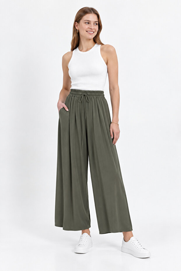 Loreen Women's Elastic Waist Lace-Up Wide Leg Pants Dark Khaki 20664