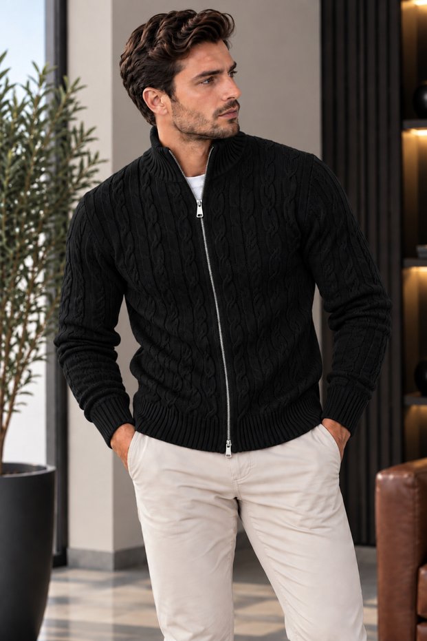 Men's Knitwear Cardigan Full Zipper Stand Collar Cable Knit Patterned Long Sleeve Winter Cardigan