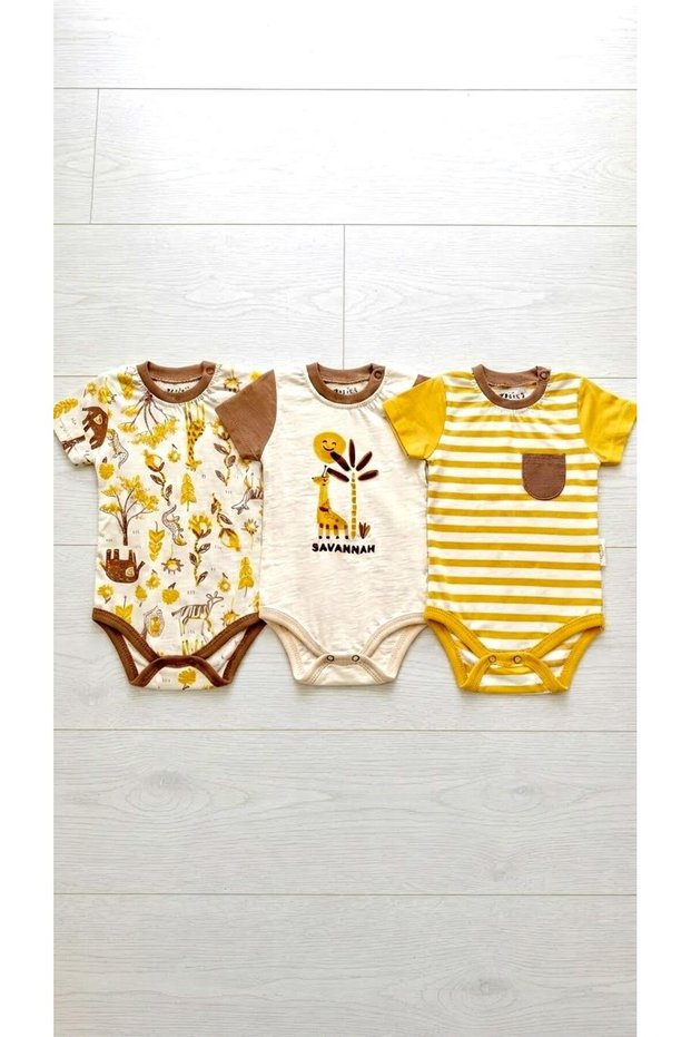 Ncxs 242040 Yellow Safari Patterned Half Sleeve 3-Piece Bodysuit with Snap Fasteners