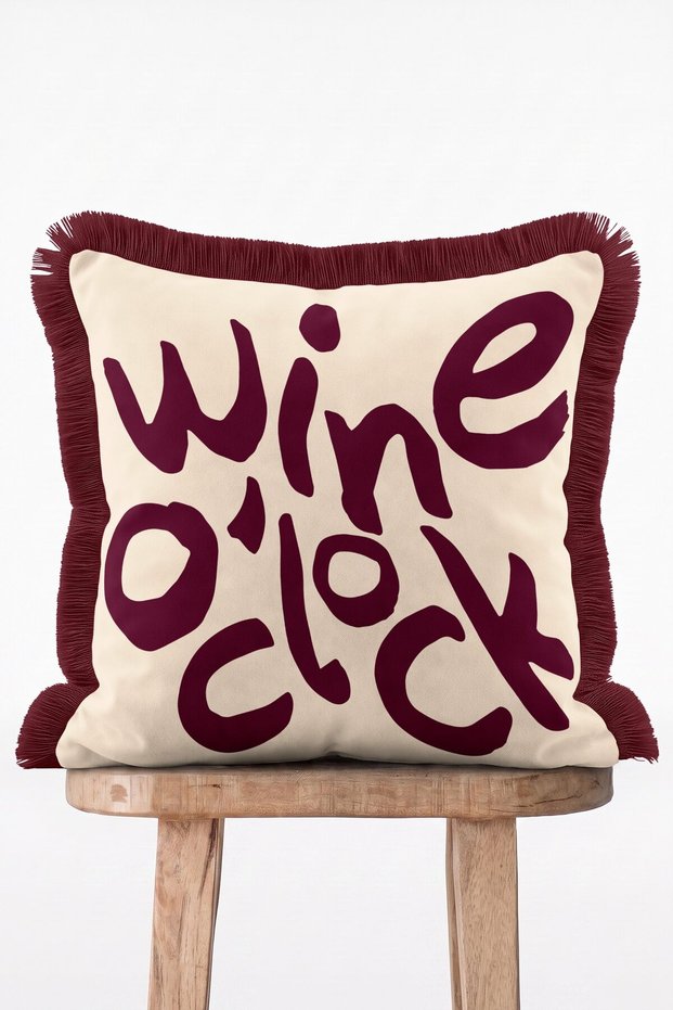 Wine Themed Burgundy Wine O'Clock Written Decorative Fringed Throw Pillow Cover