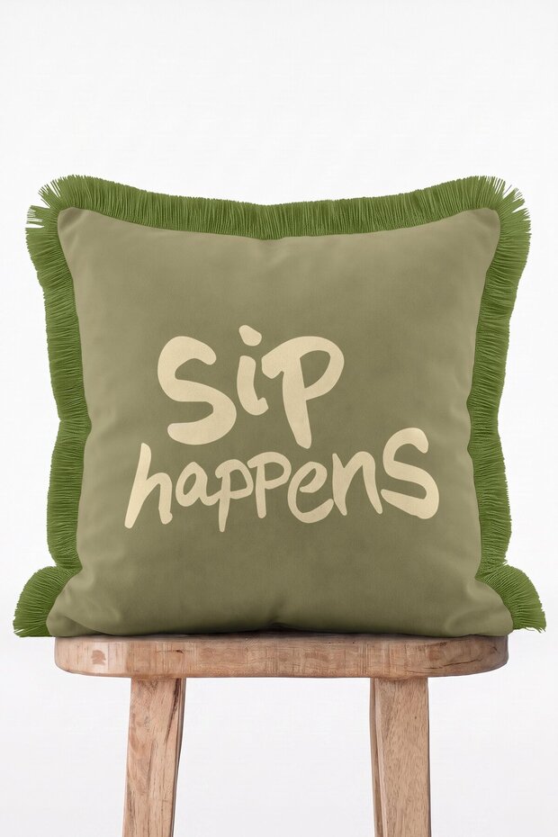 Khaki Zemin Just Sipping Typographic Modern Decorative Fringed Throw Pillow Cover