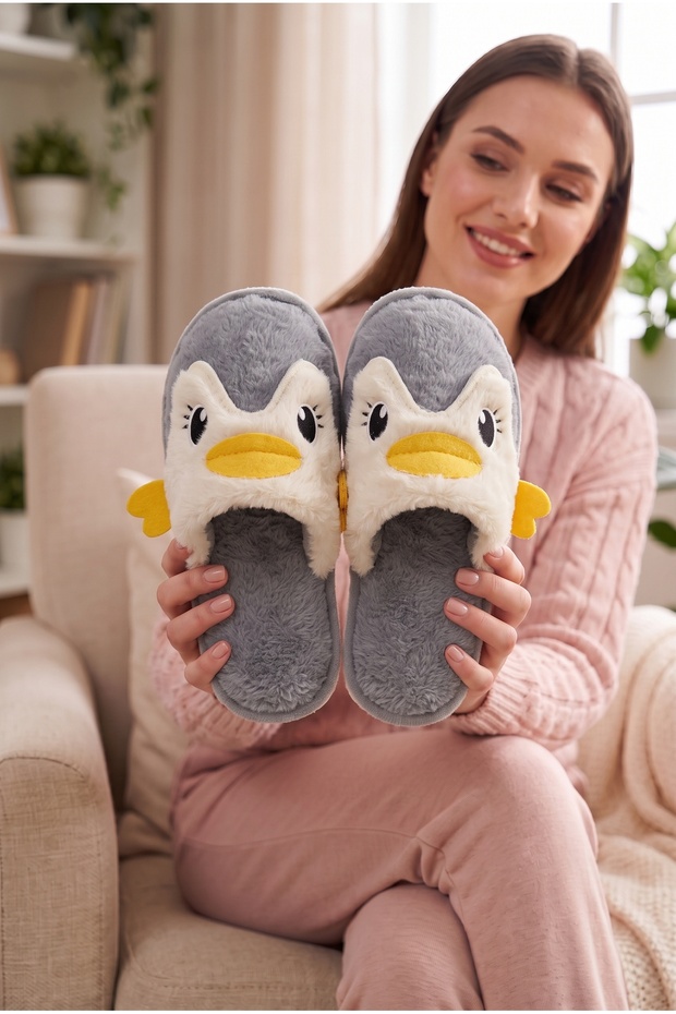 Women's Penguin Figured Plush House Slippers Open Toe Open Back Soft Sole Winter Dowry Slippers