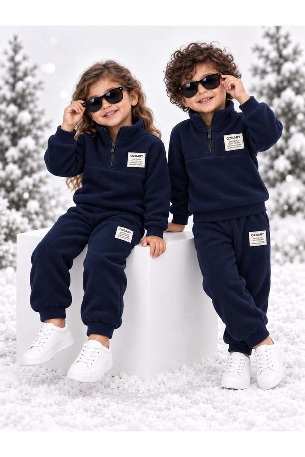 Winter Thick Fleece Stand Collar Zippered Girls and Boys Baby Kids Top and Bottom Set 1-5 Years Old