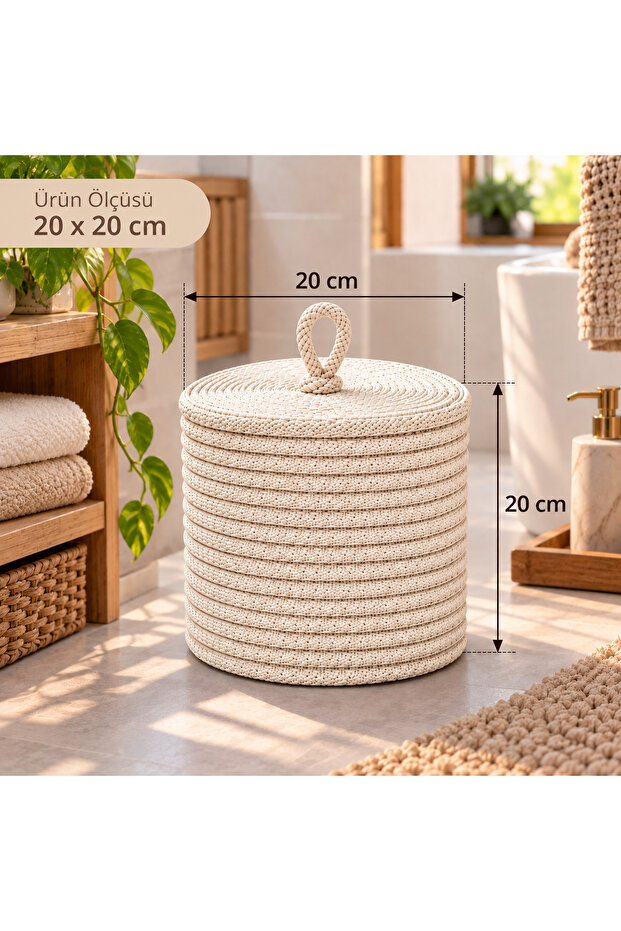 Handmade Decorative Storage Basket 20X20 cm – Jute Wicker Look Organizer with Lid