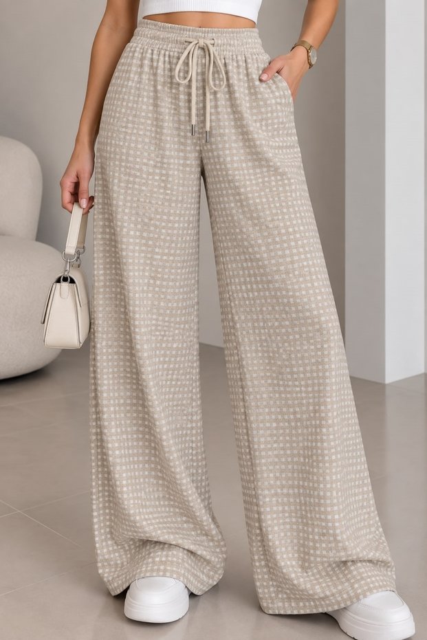 Women's Elastic Waist Lace-Up Wide Leg Patterned Comfortable Cut Pants