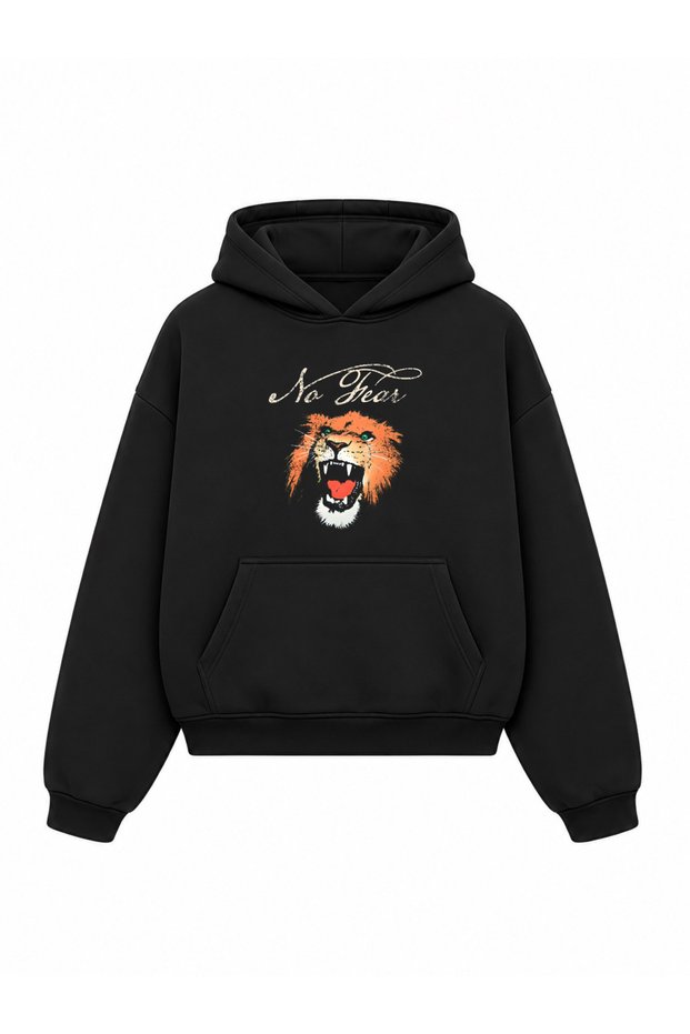 Black Printed Oversize Unisex Hooded Sweatshirt - Hoodie with Kangaroo Pocket and Inner Lining
