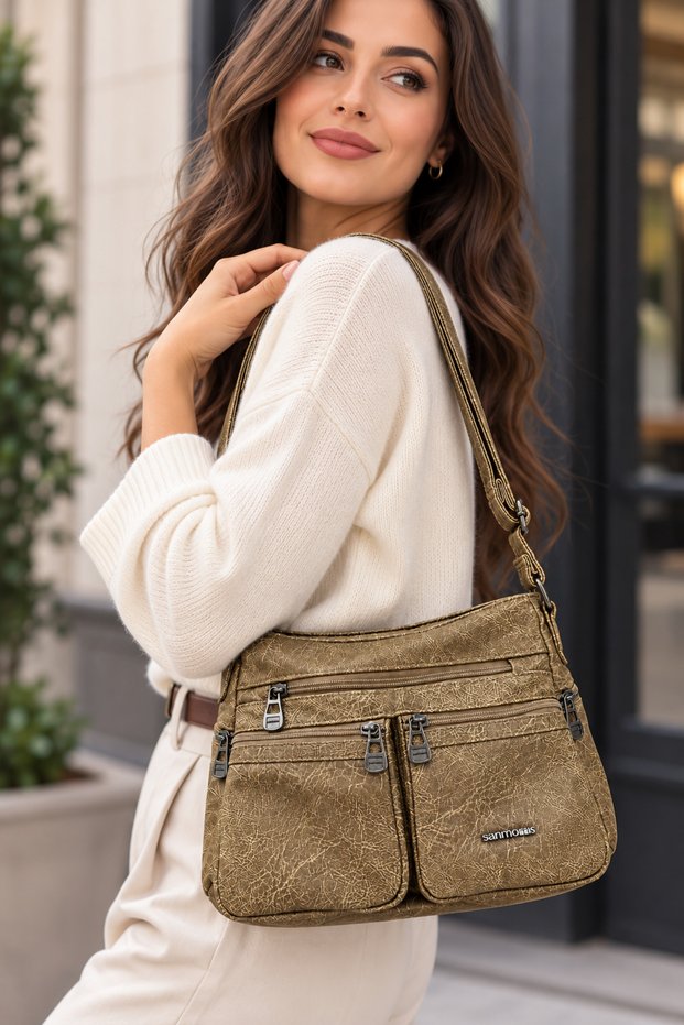 Women's Faux Leather Shoulder Bag – Flap Closure, Multiple Pockets, Adjustable Crossbody Strap