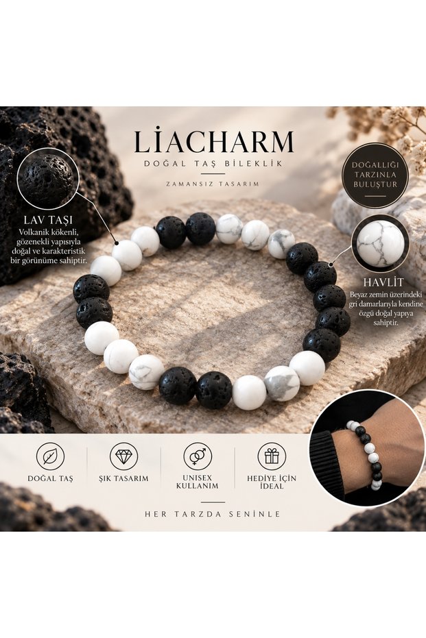 Black Lava Stone and White Howlite Stone Unisex Bracelet - Handmade Natural Stone