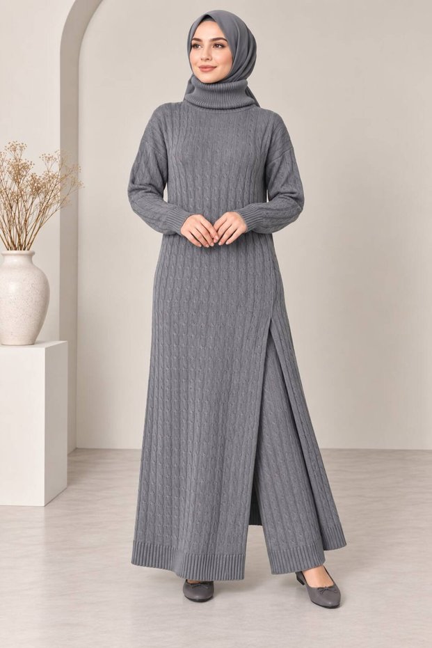Women's turtleneck, side slit, and 2-piece pants knitwear set