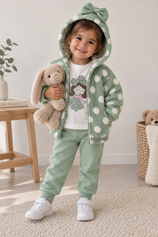 Polka Dot Detailed Hooded Vest, Patterned Sweatshirt and Sweatpants