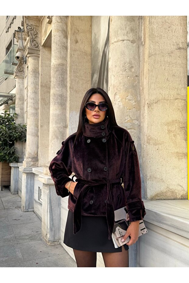 Preminum Velvet Texture Double Breasted Oversize Cut Belted Short Women's Coat / Jacket