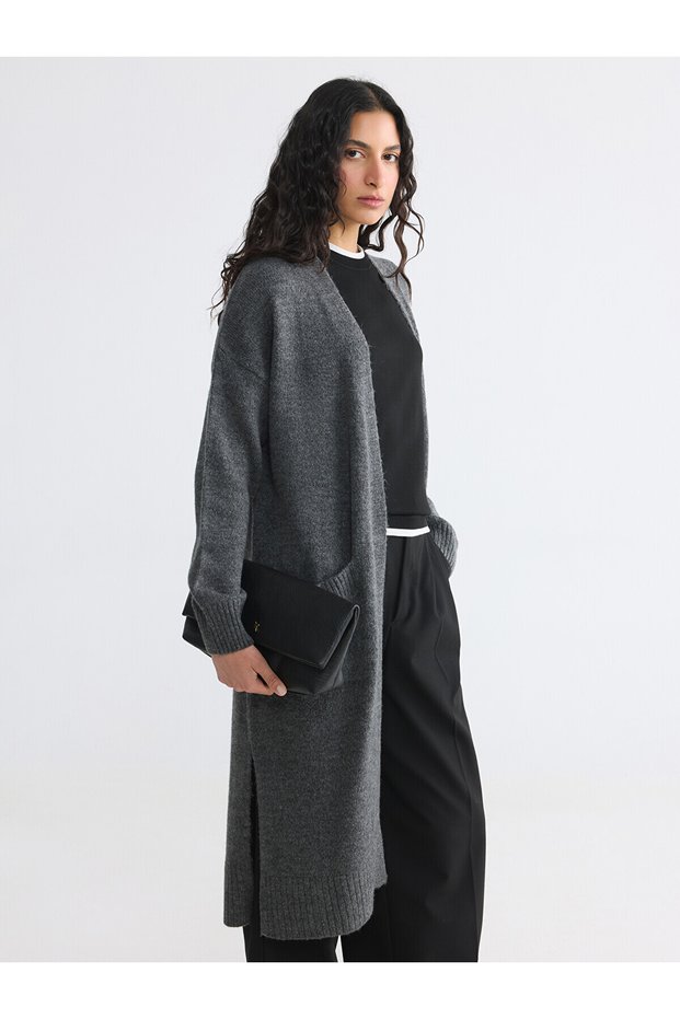 Lcw Modest Gray Shawl Collar Women's Knitwear Cardigan