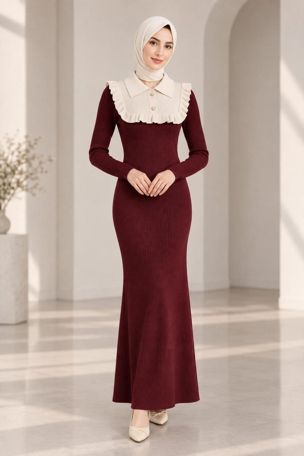 Women's Polo Collar Tricot Dress with Ruffle Detail