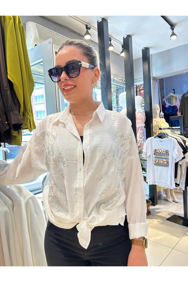 Stone Embroidered Long Shirt