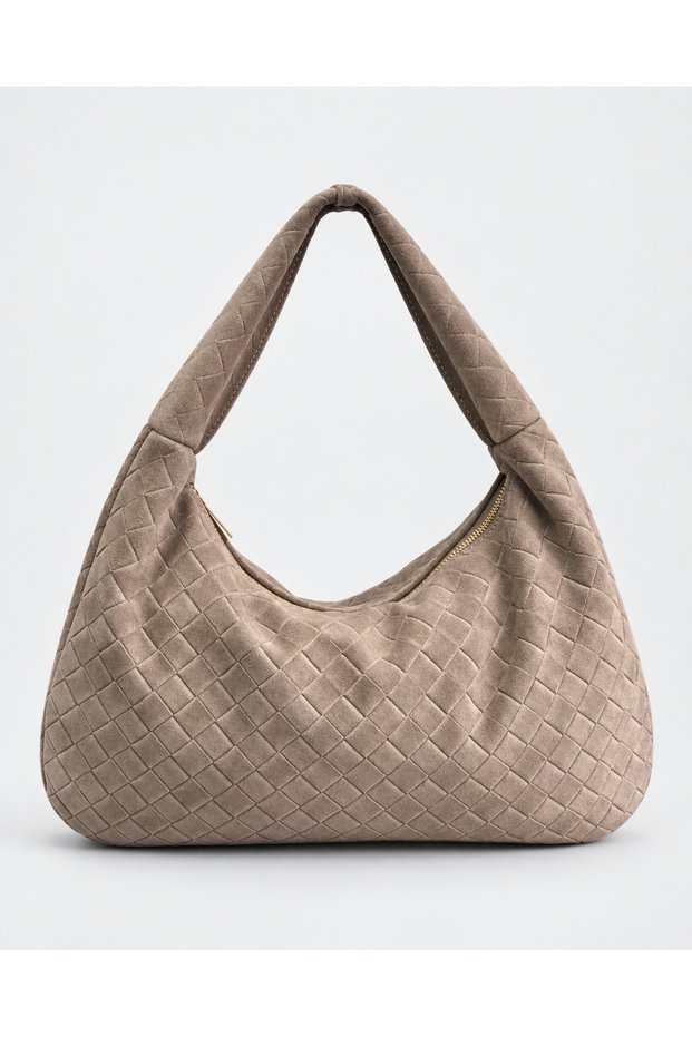 Mink Women's Genuine Suede Knitted Textured Shopper Shoulder Bag