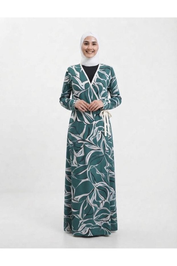 Hijab Prayer Dress Mother Green Leopard Patterned Double Breasted