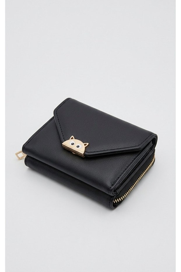 Kuki Cat Buckle Faux Leather Women's Wallet & Card Holder-Black-Anthracite-Purple