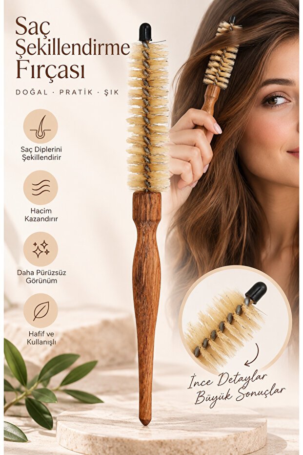 Fine Round Blow Dry Brush with Wooden Handle – Hair Styling, Perçem, and Volume Brush