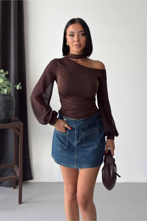 Women's Long Sleeve One-Shoulder Open Chiffon Balloon Sleeve Striped Sandy Fabric Blouse