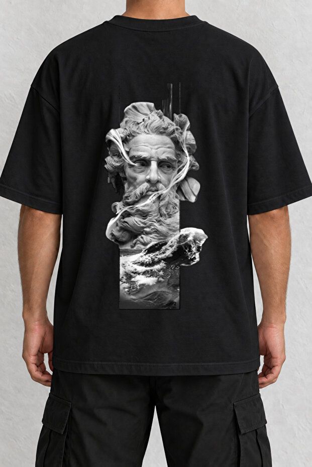 Segmented Ancient Sculpture Back Printed Oversize Black T-Shirt