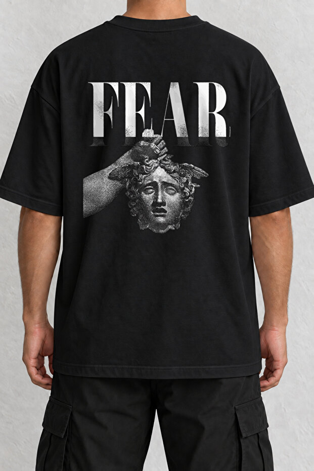 Fear Medusa Back Printed Oversize Black T-Shirt
