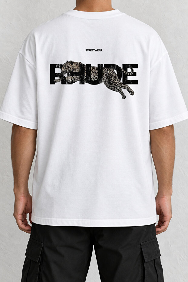 Leopard Typography Back Printed Oversize White T-Shirt
