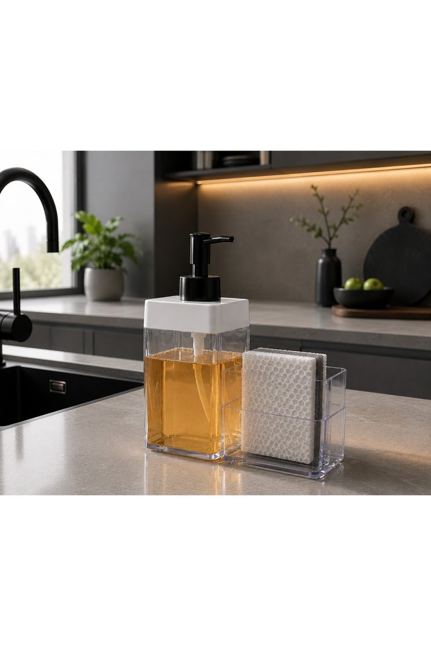Transparent Two-Compartment Liquid Soap Dispenser - Bathroom & Kitchen Soap Dispenser (450ml), Plastic