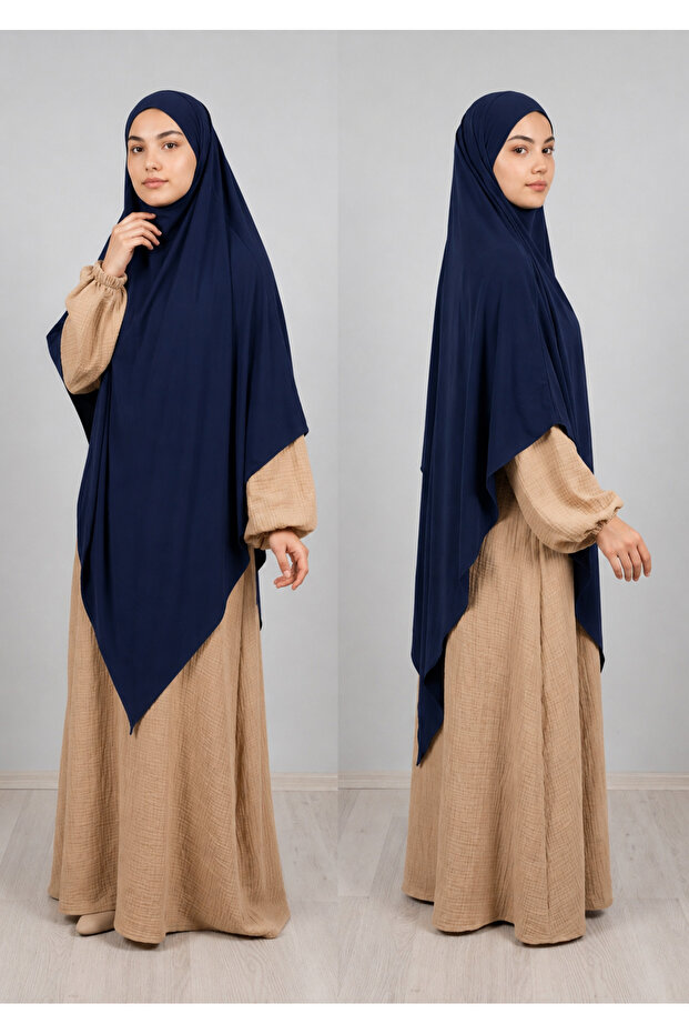 Full Size Triangle Sandy Souffle Khimar Hijab Scarf Navy Blue