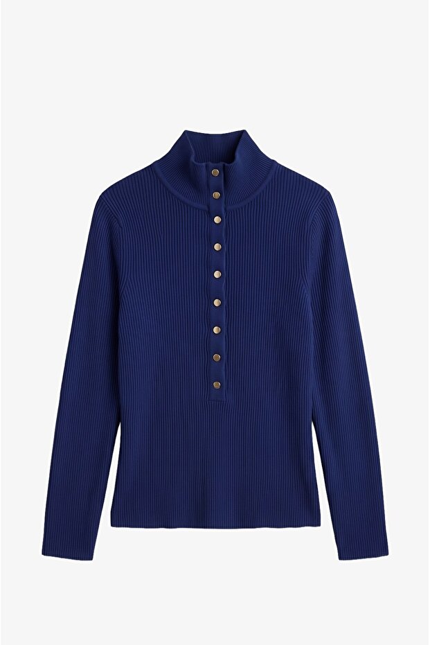 Navy Blue Celis Half Fisherman Snap Fastener Sweater
