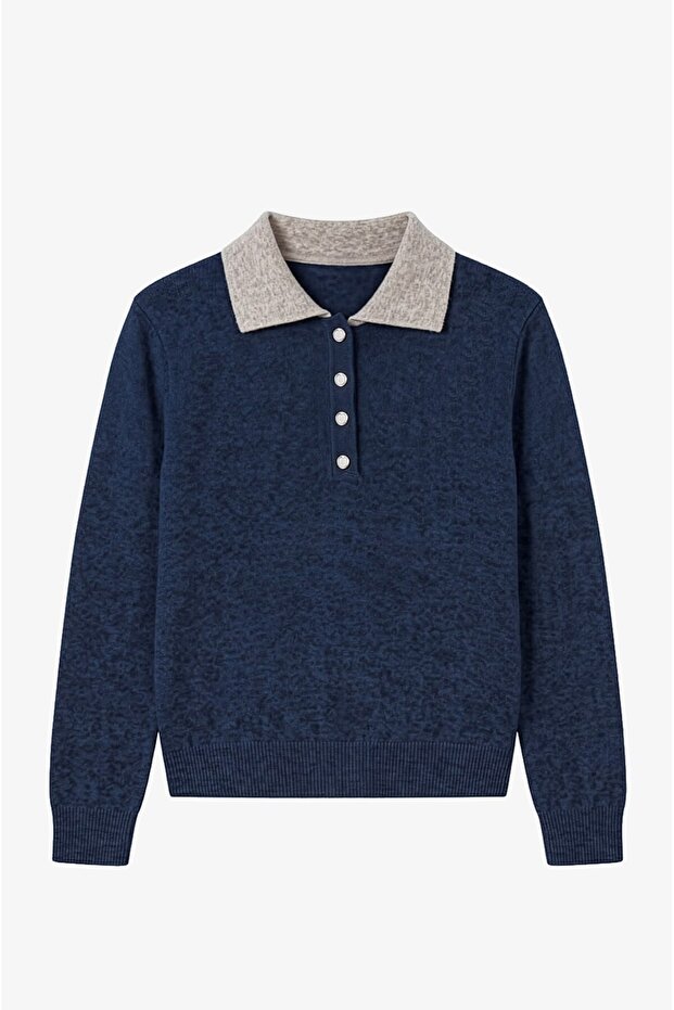 Navy Blue Bunt Collared Buttoned Sweater