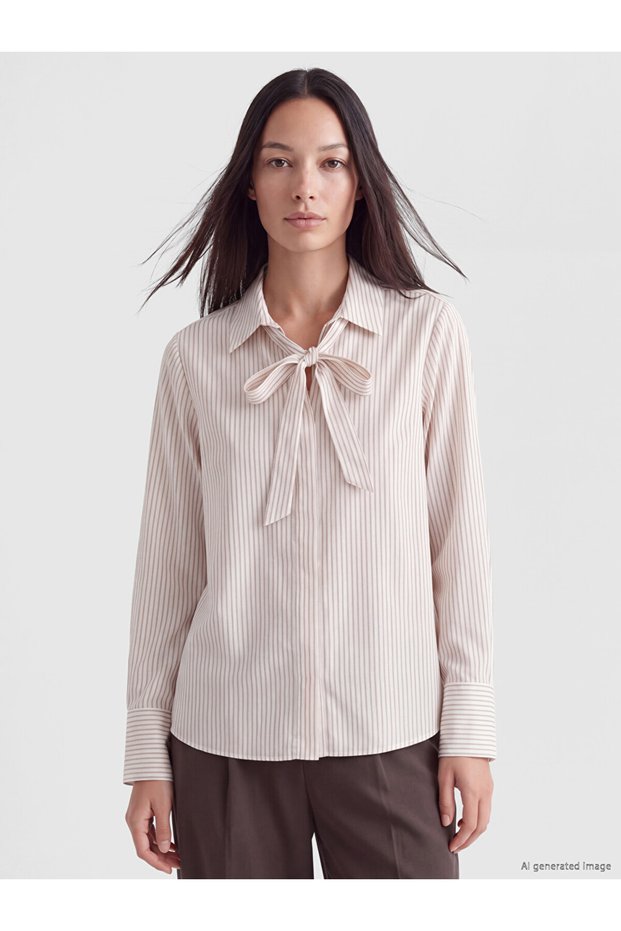 Özmarka New Season Ecru Scarf Collar Striped Women's Shirt